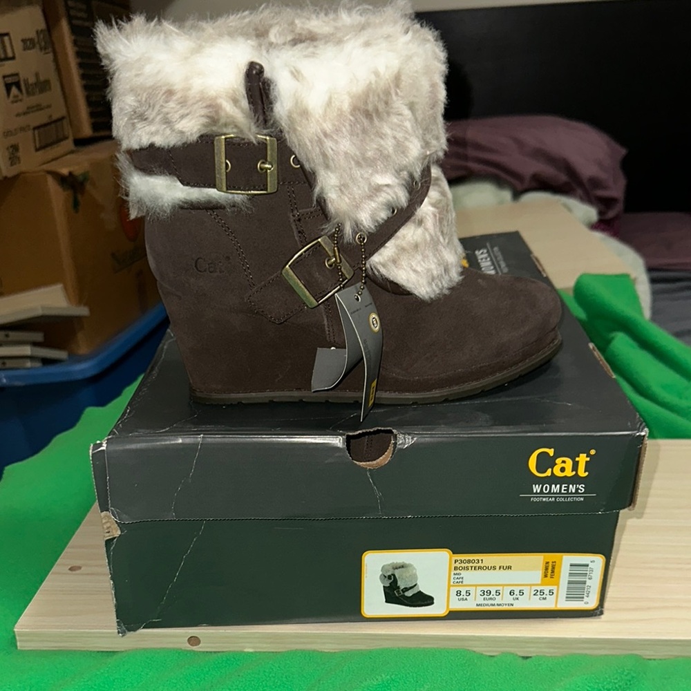 Caterpillar Brown Ankle Boots with White Fur Trim